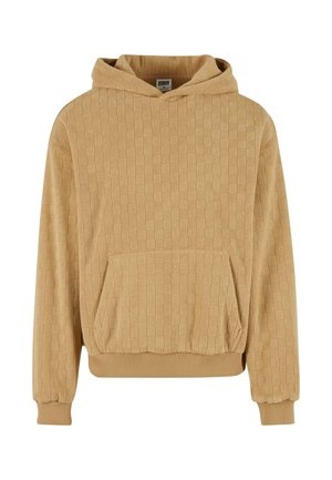 Hooded sweatshirt in light beige, featuring a textured pattern, ribbed cuffs, and a front pocket for storage. Soft fabric adds comfort.