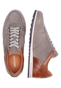 Szare zamszowe trampki z skórzanymi akcentami, teksturowanym obcasem, jasnoszarymi sznurowadłami i ciemną gumową podeszwą. Posiadają detal w postaci przeszyć oraz nazwę marki wewnątrz.