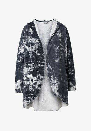 Long hooded jacket in a tie-dye pattern, featuring shades of black and white. Made of lightweight fabric with a loose fit and curved hem.