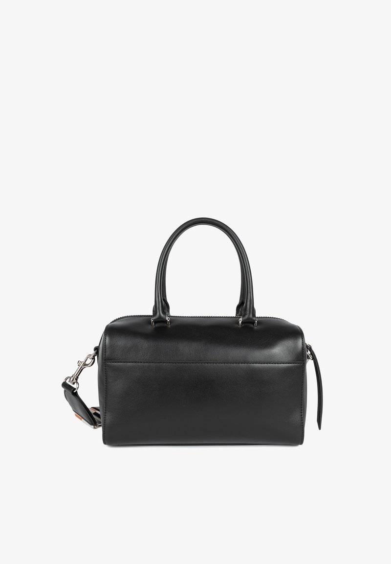 Black leather handbag with structured shape, dual top handles, detachable shoulder strap, silver-tone hardware, and subtle stitching details.