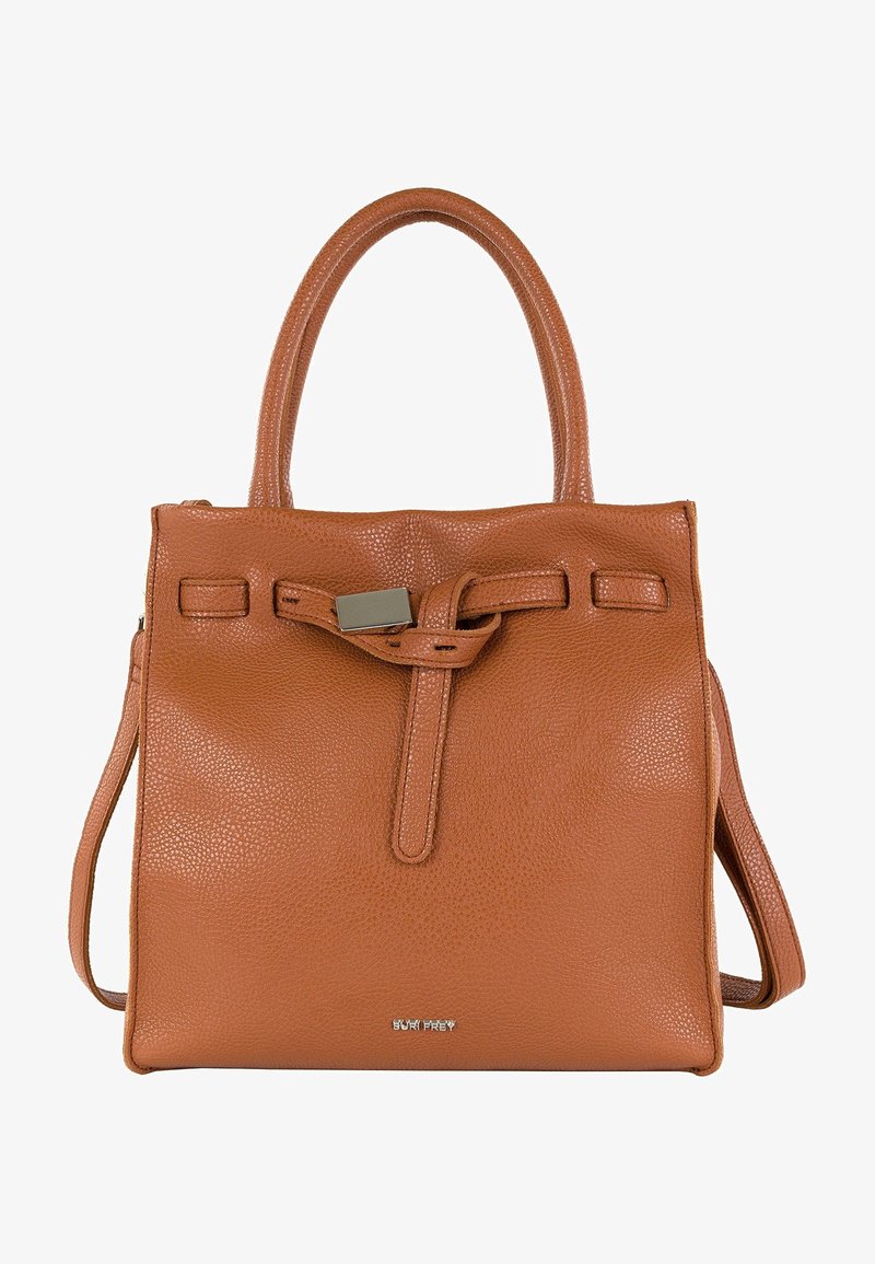 Bruine lederen handtas met een gestructureerde afwerking, voorzien van een frontknoopdetail, dubbele handvatten en een afneembare schouderriem. Accenten in zilver.