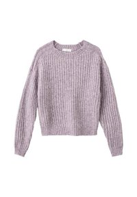 Pleteni pulover v svetli sivki. Ima krojen vrat, dolge rokave in teksturiran rebrast vzorec s skrajšanim oblikovanjem.