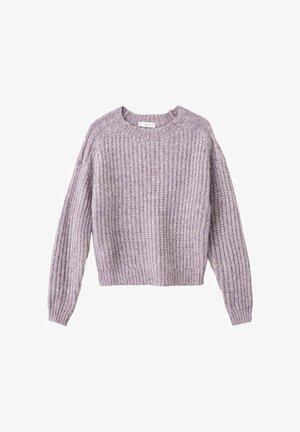 Pleteni pulover v svetli sivki. Ima krojen vrat, dolge rokave in teksturiran rebrast vzorec s skrajšanim oblikovanjem.