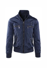 Giacca bomber blu navy, in nylon, con zip anteriore e tasche, polsini e orlo a coste, con colletto alto e design elegante.