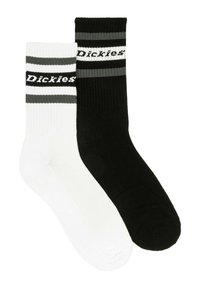 To sæt besætningstrømper; det ene sort med hvide og grå striber, det andet hvidt med grå striber, prydet med "Dickies" logoet.