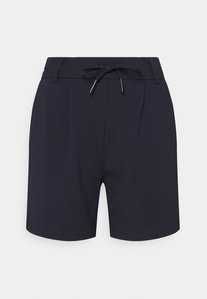 Shorts bleu marine en tissu doux et extensible avec une ceinture à cordon de serrage, présentant deux plis à l'avant et un ourlet net.