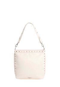 White leather shoulder bag with silver studs along the top and sides, featuring a smooth texture and a single shoulder strap.