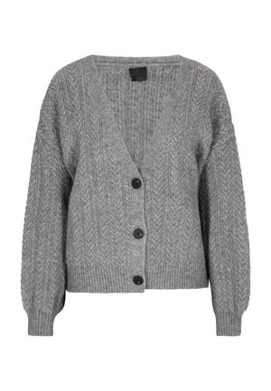 Gray knitted cardigan with a deep V-neck, ribbed cuffs, and hem. Features prominent cable pattern and five black buttons down the front.