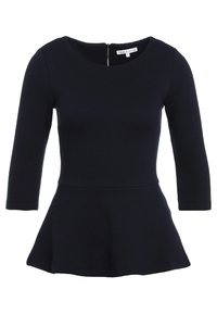 Námořnický peplum top s třičtvrtinovými rukávy. Texturovaná tkanina, kulatý výstřih a zip na zadní straně. Přiléhavý korzet s rozšířeným lemem.