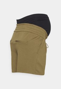 Shorts de maternité avec une taille élastique noire et un tissu vert olive. Comprend une poche latérale et un cordon de serrage pour un ajustement personnalisé.