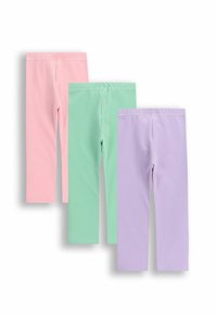Trzy pary legginsów w pastelowych kolorach: różowym, miętowym i lawendowym. Każda para ma elastyczny pas i miękką, gładką tkaninę.