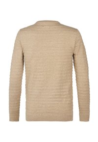 Beige Langarmpullover mit strukturiertem Streifenmuster. Crew-Neck-Design mit gerippten Bündchen und Saum. Weicher Stoff in mittlerer Dicke.