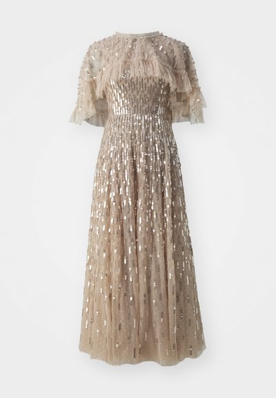 Keskbeige midi kleit, millel on liibuva bodice'iga, rippuvad läbipaistvad varrukad ja täis seelik, mis on kaunistatud metalliliste sädelevate detailidega.