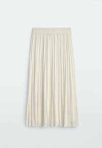 Pleated midi skirt in soft beige fabric with an elastic waistband. Features a flowing A-line shape and smooth texture for comfort.
