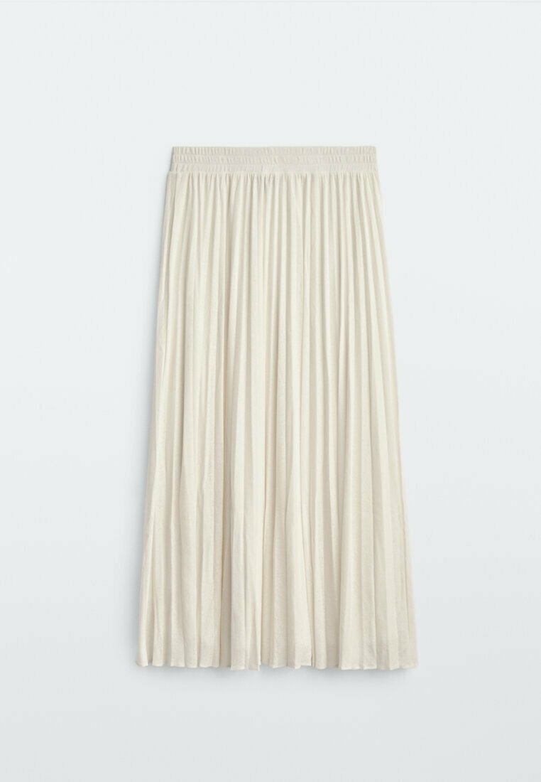 Pleated midi skirt in soft beige fabric with an elastic waistband. Features a flowing A-line shape and smooth texture for comfort.