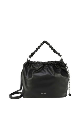 Black faux leather handbag with gathered top, shoulder strap, and chain accent. Smooth texture with a simple, rounded shape.