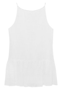 Top sin mangas blanco hecho de una tela ligera, con un dobladillo acampanado y delgadas tirantes. Textura simple y suave.