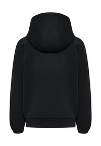 Svart huvtröja med dragsko, ribbade ärmslut och midja. Tillverkad av mjukt tyg med en slät textur och avslappnad design.