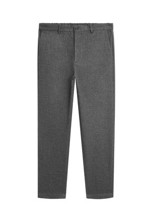 Graue, maßgeschneiderte Hosen aus strukturiertem Stoff, mit Knopfverschluss, seitlichen Taschen und einem schmal zulaufenden Bein.