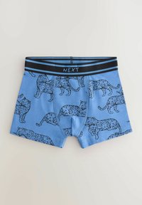 Herrers boxer briefs i et lyseblåt stof med et gentaget sort leopardmønster. Sort elastisk talje med "NEXT" branding.