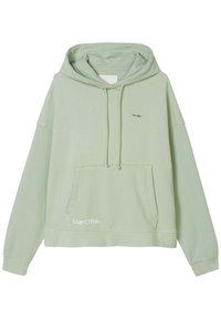 Sudadera verde de algodón. Cuenta con un bolsillo frontal, capucha con cordones y texto impreso "est. 1967" y "Marc O'Polo" en el frente.