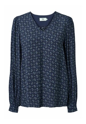 Blusa blu navy a maniche lunghe con piccolo motivo floreale, scollo a V e polsini con bottoni.