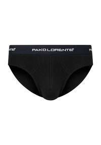 Czarne męskie slipy o gładkiej fakturze, z granatowym pasem w talii z białym logo "PAKO LORENTE". Klasyczny design i dopasowany krój.