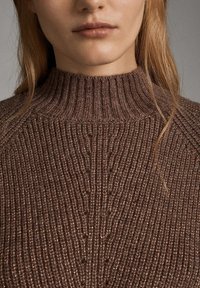 Maglione marrone lavorato a maglia con un alto colletto a coste e motivi testurizzati. Il materiale appare morbido con una leggera lucentezza metallica.