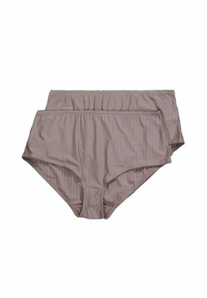 Twee paar beige gestreepte slipjes met een zachte elastische tailleband en een gladde textuur, ontworpen voor comfort en een goede pasvorm.