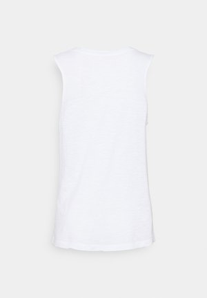 Valge sansleevetee pehme kangast. Omab ümmargust dekolteed ja sirget ääret. Minimalistlik disain ilma nähtavate mustrite või aktsentideta.