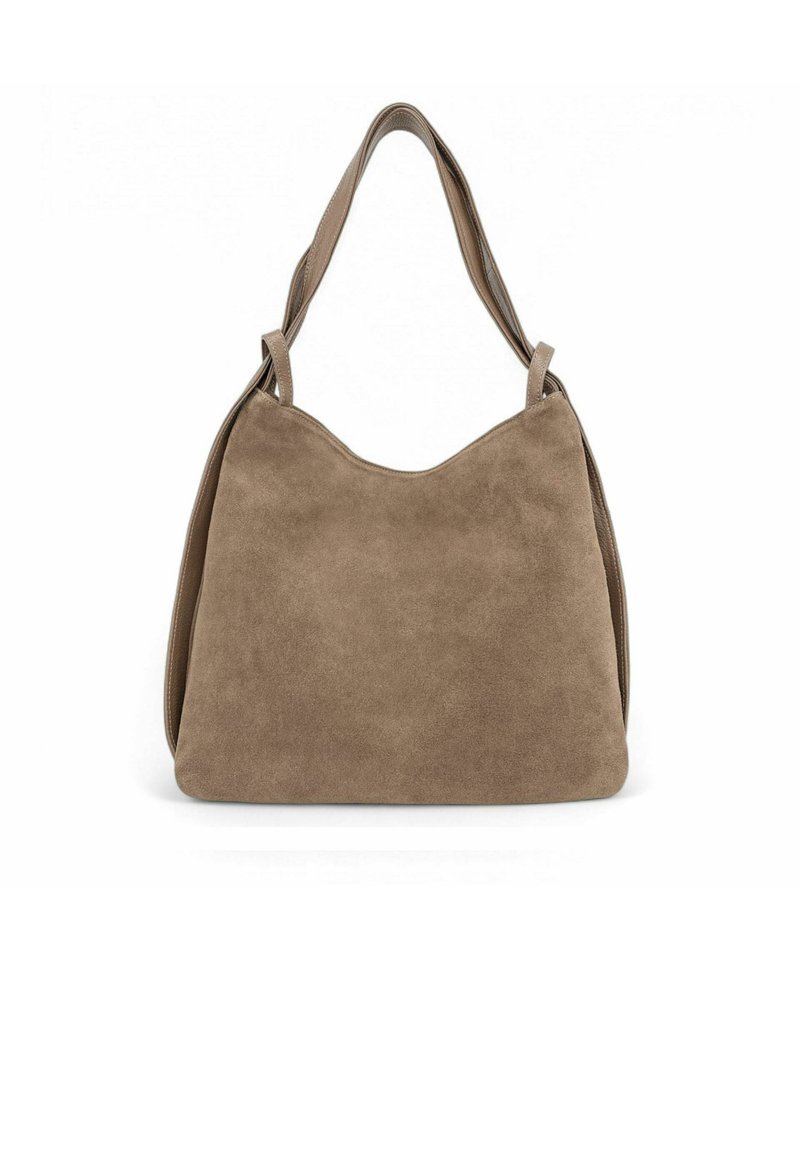 Sac hobo en suède marron avec une texture lisse, doté de deux anses et d'une silhouette arrondie et douce. Aucun élément matériel ou accent visible.