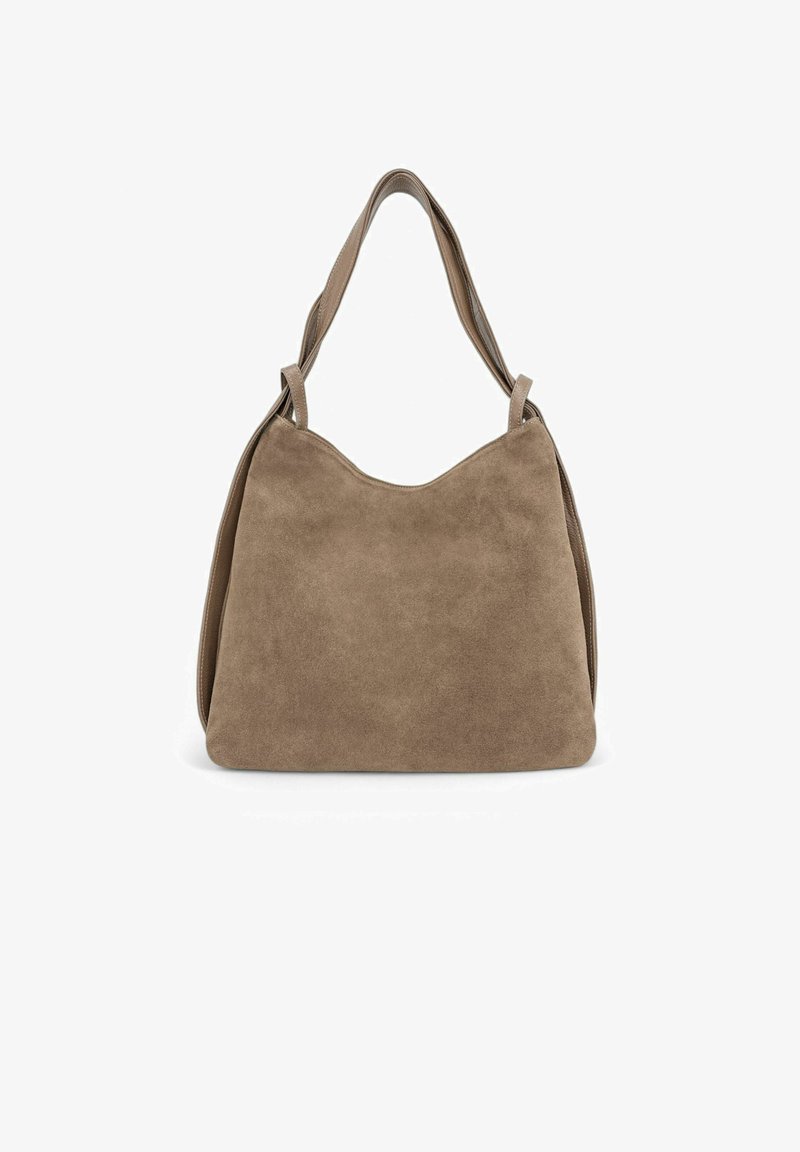Sac hobo en suède marron avec une texture lisse, doté de deux anses et d'une silhouette arrondie et douce. Aucun élément matériel ou accent visible.