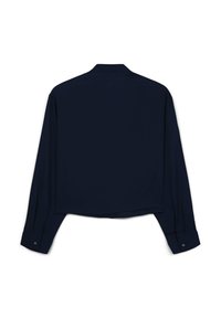 Navy blue long-sleeve shirt with a cropped cut, featuring a simple collar and buttoned cuffs, made from smooth fabric with no visible patterns.