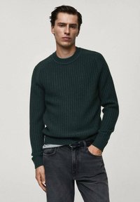 Maglione a coste di un verde scuro con collo rotondo e maniche lunghe, indossato sopra una camicia grigia e abbinato a jeans scuri.