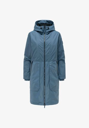 Blauwe lange gewatteerde winterjas met capuchon, ritssluiting aan de voorkant, twee zijzakken met rits en elastische manchetten aan de mouwen.