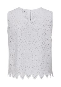 Top bianco senza maniche con ricamo ad occhiello, caratterizzato da motivi floreali e a forma di diamante, orlo a onda e chiusura con bottoni sulla parte posteriore del collo.