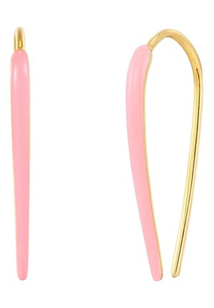 Boucles d'oreilles roses coniques avec une finition brillante et un accent en métal doré. Présentent une texture lisse et une forme allongée pour un look moderne.