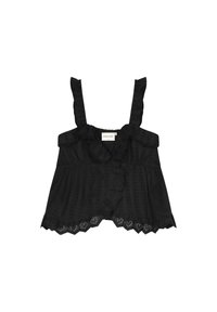 Zwarte mouwloze top met rimpelbandjes, gemêleerde stof, gathered taille en golvende eyelet zoomdetail. Midden voor knoopsluiting.
