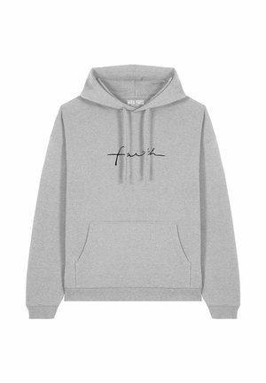 Felpa grigia in cotone, con tasca a marsupio e un logo nero scritto a mano "faith" sul petto. Cappuccio con cordino regolabile.