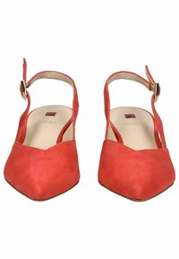 Décolleté in suede rosso con punta affusolata e cinturino alla caviglia. Presenta una piccola fibbia dorata sul cinturino. Fodera interna liscia.