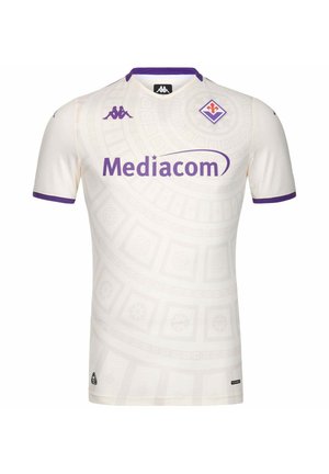 Maglia da calcio bianca con bordatura viola, logo dello sponsor Mediacom, loghi Kappa e stemma del club Fiorentina sul petto.