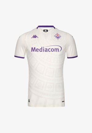 Maillot de football blanc avec bordure violette, logo du sponsor Mediacom, logos Kappa et écusson du club Fiorentina sur la poitrine.