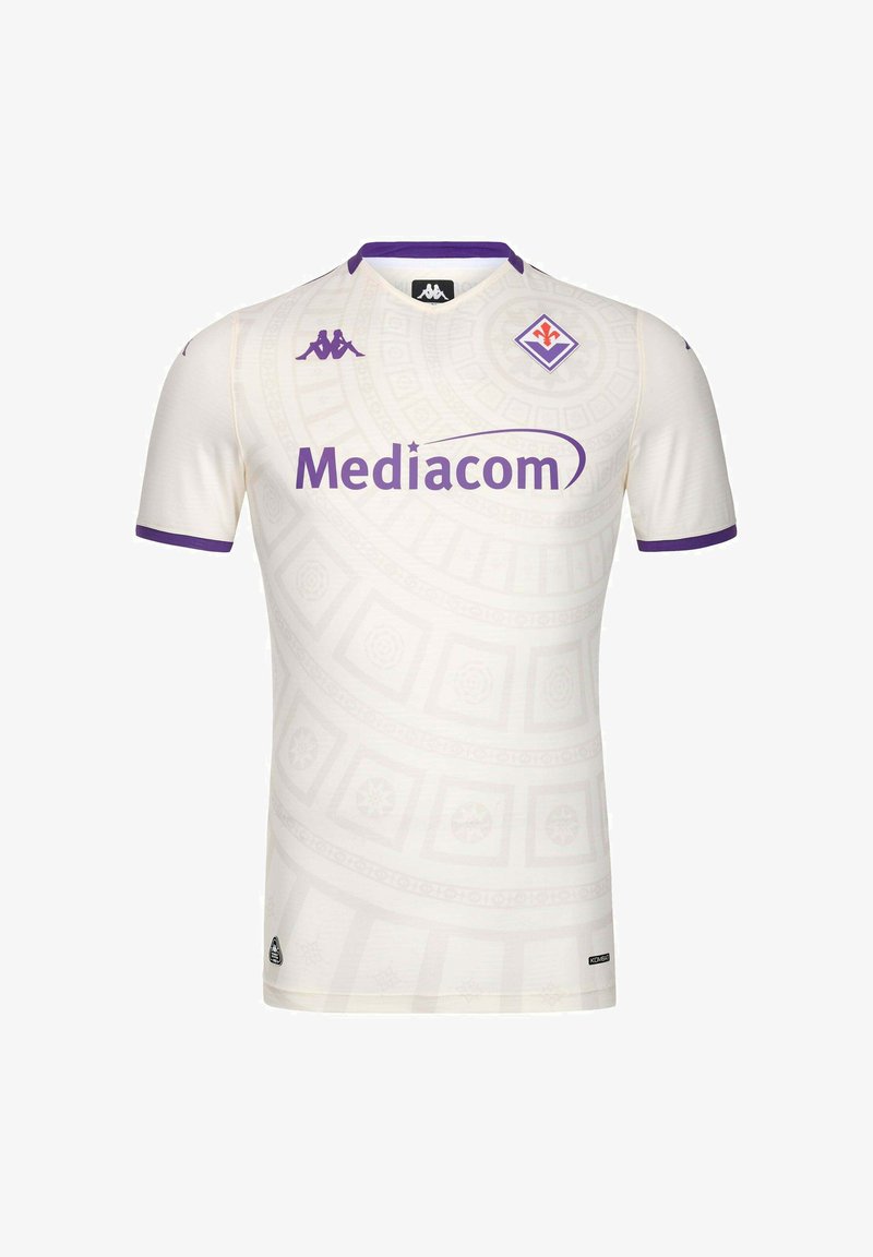 Maillot de football blanc avec bordure violette, logo du sponsor Mediacom, logos Kappa et écusson du club Fiorentina sur la poitrine.