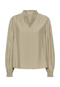 Hosszú ujjú, világos bézs blúz puha anyagból, fodros gallérral, V-alakú nyakkivágással és rakott mandzsettákkal a kényelmes fazonért.
