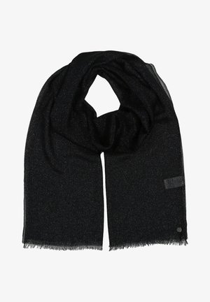 Écharpe noire en tissu doux avec un subtil éclat. Comprend des bords à franges et une petite étiquette de logo sur un côté.