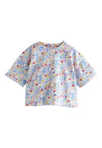 Camicia a maniche corte realizzata in tessuto leggero, con motivo floreale in blu, rosso e giallo su sfondo chiaro.