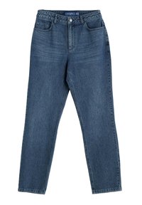 Vysoké modré denims nohavice s piatimi vreckami, pútkami na opasok, zapínaním na gombík a jemne vyblednutými detailmi na predných stehnách.