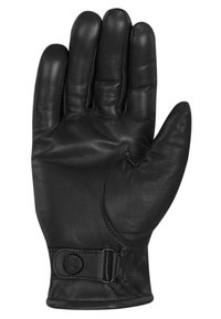 Black leather glove with four fingers, open thumb, and a textured strap adjustment. Features smooth material and detailed stitching.