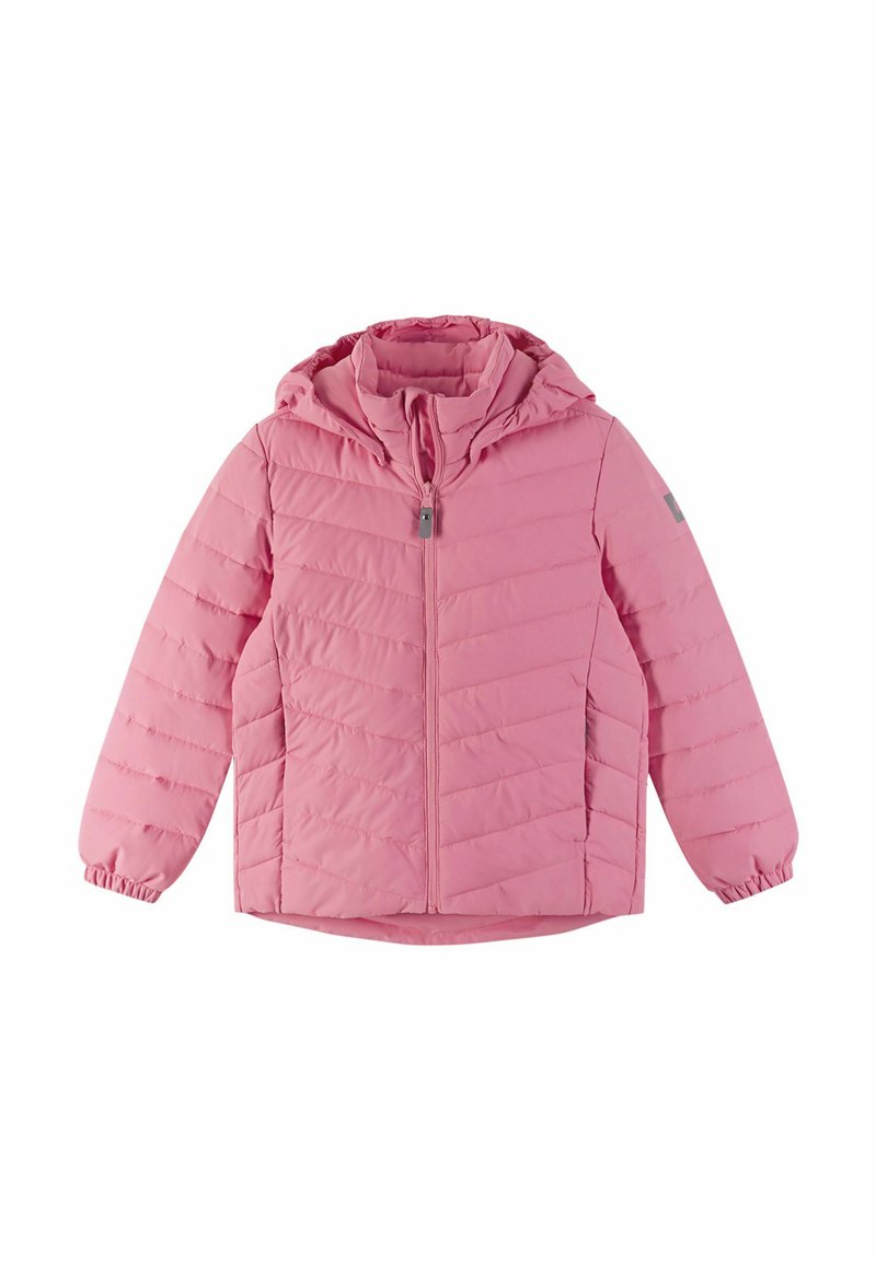 Różowa puchowa kurtka z kapturem, z zamkiem z przodu, elastycznymi mankietami i diagonalnym pikowaniem. Lekki i wodoodporny materiał.