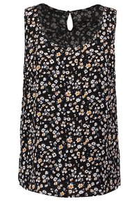 Blouse sans manches noire avec un motif floral en blanc, jaune et bleu. Présente un dos avec ouverture en goutte d'eau et un tissu léger et doux.